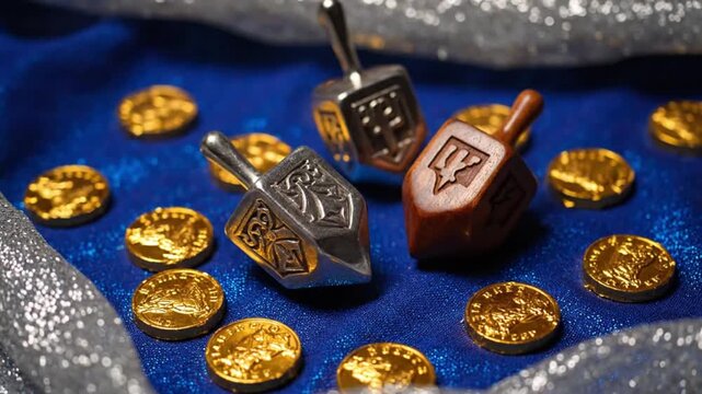 Close-up shot of dreidels and gold coins on a blue cloth, celebrating Hanukkah.