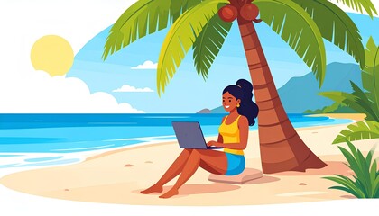 Fototapeta premium cartoon illustration of young woman working with laptop on the beach