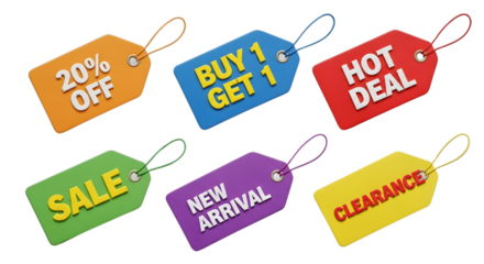 Set of 3D-rendered colorful plastic price tags for retail promotion, including "Buy 1 Get 1," "Hot Deal," "New Arrival," and percentage-off discounts.