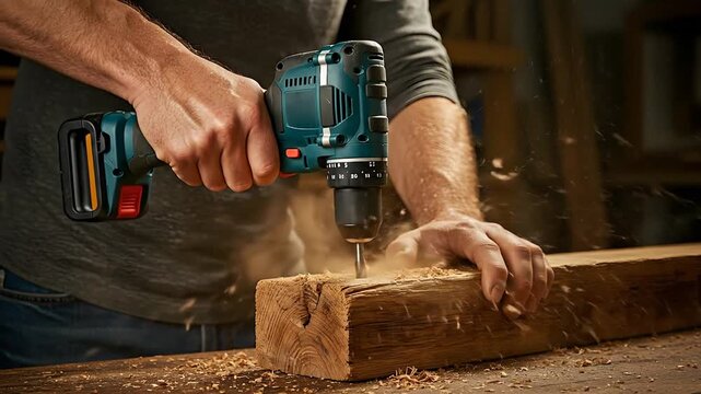 Close up of a person drilling into wood with a power tool