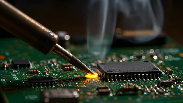 Electronic circuit board soldering process close up