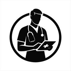 Nurse on Rounds with Tablet vector silhouette outline logo design concept illustration