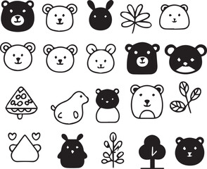 Simple doodle animal face icons set isolated on white background