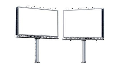 Two white blank billboards bundle on stands, isolated on transparent background