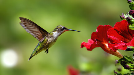 Fototapeta premium hummingbird. A hummingbird hovers near a red flower, its wings moving fast against a green background. wildlife magazines, conservation campaigns, designed for nature documentaries and education.
