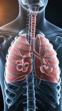 3D Anatomy of Human Respiratory System with Light Blue Skeleton Featuring Lungs Trachea and Bronchioles for Medical Health Awareness and Educational Purposes in Dark Background