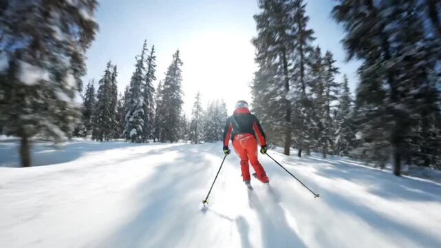 person ice skiing in winter forest