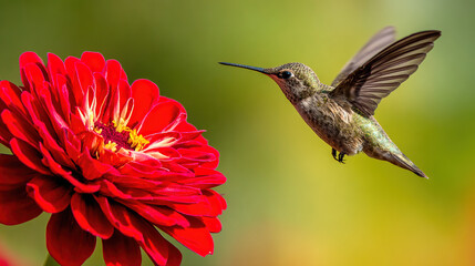 hummingbird. A hummingbird hovers near a red flower, its wings moving fast against a green background. wildlife magazines, conservation campaigns, designed for nature documentaries and education.