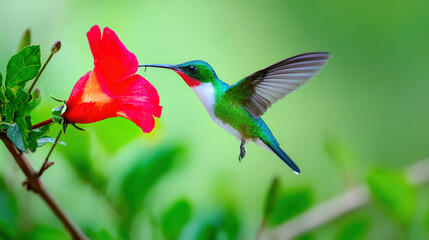 hummingbird. A hummingbird hovers near a red flower, its wings moving fast against a green background. wildlife magazines, conservation campaigns, designed for nature documentaries and education.