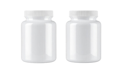 White plastic medicine bottle and jar mockup duo, isolated on transparent background