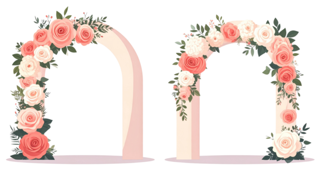 Wedding arch duo with white and green flowers, isolated on transparent background