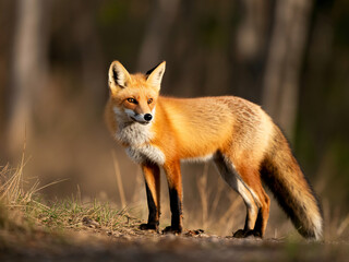 Fototapeta premium Stunning red fox in natural habitat, captured in golden hour light, perfect for wildlife projects and nature-themed content.