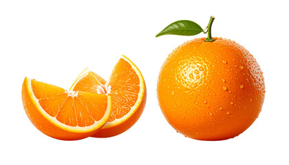Whole Orange with Leaf Stem in Two Variations, isolated on transparent background