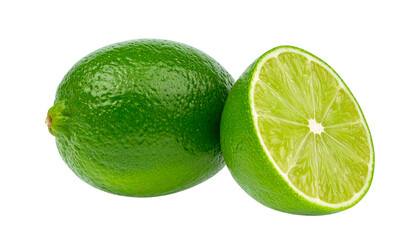 Whole green lime and sliced lime isolated on transparent background