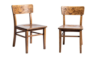 Worn wooden chair with textured seat and back, isolated on transparent background