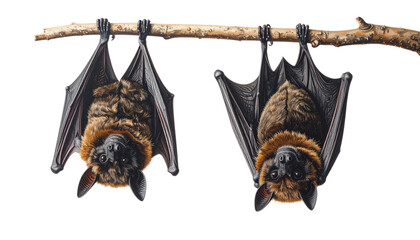 Fruit Bat Wildlife Hanging from Branch in Dual Styles, isolated on transparent background