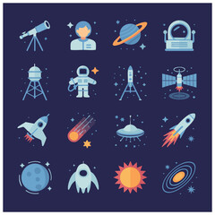 Naklejka premium Collection of flat design space and astronomy icons on dark blue background rocket astronaut