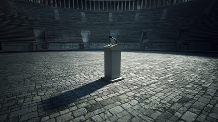 lectern. An isolated towering lectern with a microphone in the center of a vast empty square. real-estate listings.
