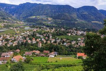 View from Tirol (Dorf Tirol) towards Passeier Valley with mountain panorama of Merano area Maia Alta (Obermais) in South Tyrol, Italy