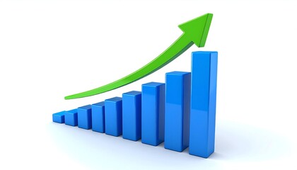 Blue bar graph with ascending columns and a green upward arrow indicating growth