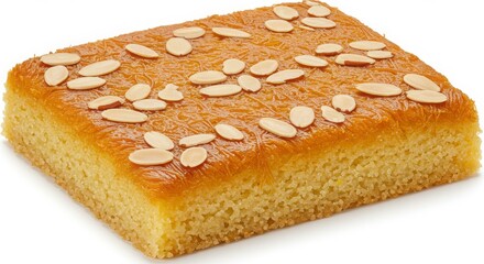 basbousa semolina cake with almond on top with a slice removed isolated on a white background for celebration or dessert themed projects