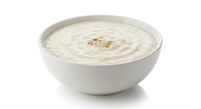 roz bel laban Egyptian rice pudding isolated on a white background for food photography and culinary presentations