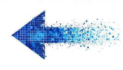 Blue pixelated arrow pointing left, disintegrating into scattered squares on a white background