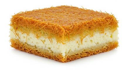 Slice of cake with cheese layers and shredded cheese isolated on white background for food photography