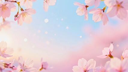 Naklejka premium Soft pink cherry blossoms glowing under morning sunlight with pastel blue and pink dreamy spring sky