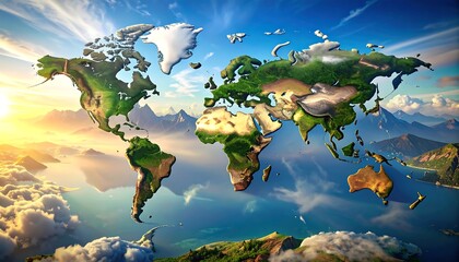 A vibrant digital illustration features Earth's continents shaped with land, mountains, and lush green foliage against a blue sky. Water surrounds it