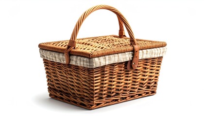 A woven wicker picnic basket with a handle, closed lid, and leather accents