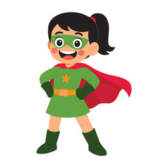 Superhero in green outfit and cape with a joyful expression