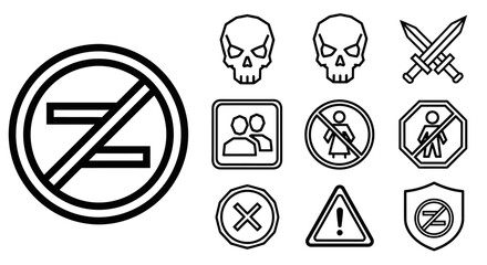 Prohibition, Danger, and Restriction Black Line Icons Set. Collection of Security Symbols Including Banned Equality, Skull, Crossed Swords, No Men, No Women, Warning Exclamation, and Group Restriction
