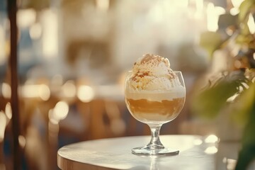 Refreshing layered dessert with ice cream and caramel, topped with whipped cream and cinnamon, perfect for cafe menus, food blogs, and summer advertising