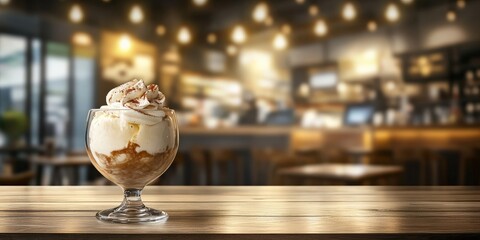 Delicious Layered Dessert or Specialty Drink with Whipped Cream in a Cozy Cafe. Perfect for Menus, Advertisements, and Food Blogs