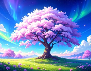 A vibrant blossom tree under a colorful sky with aurora and hills