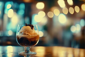 Delicious Affogato dessert with vanilla ice cream and espresso, perfect for cafe menus, food blogs, and restaurant promotions, offering a cozy evening vibe