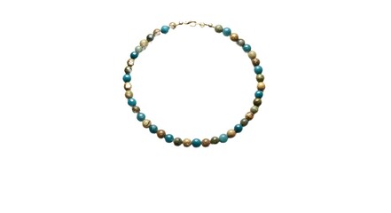 Beaded necklace with blue and brown beads on white background