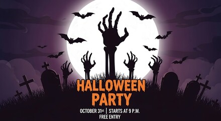 Spooky Halloween party invitation beckons with graveyard silhouettes, bats flying under the full moon, and eerie zombie hands reaching out for a thrilling night