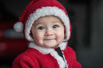 Joyful infant dressed as Santa on Christmas