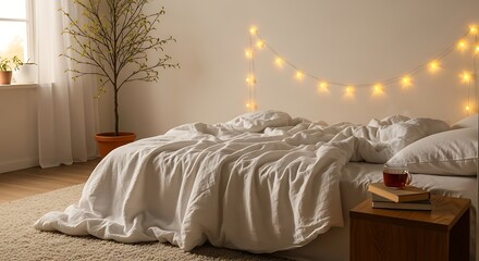 A cozy bedroom with a rumpled white duvet, a bedside table with books and tea, and string lights on the wall.