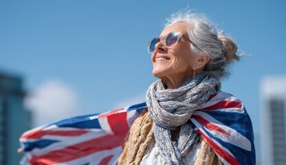 Joyful older woman holding UK flag under a blue sky and cityscape