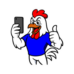 Confident Rooster Mascot Taking a Selfie with a Smartphone