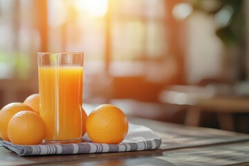 Refreshing Glass of Fresh Orange Juice with Whole Oranges on a Sunny Morning for a Healthy Lifestyle Promotion