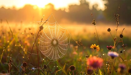 A spider's intricate web glistens in the early morning light. Dewdrops catch the rays, illuminating a field of wildflowers and tall grass