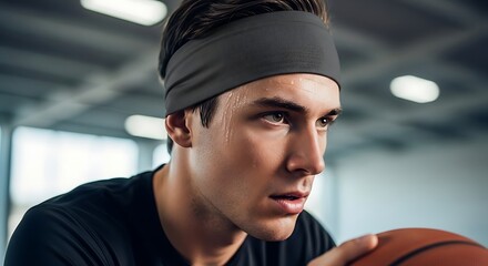 Focused young man holding basketball in gym preparing for practice with determination and intensity, showcasing athletic spirit and dedication.