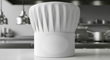 Chef's hat sits pristine on a clean kitchen counter, symbolizing culinary excellence and professional cooking in a restaurant setting.