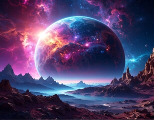 A vibrant celestial body is framed by a surreal landscape of mountains