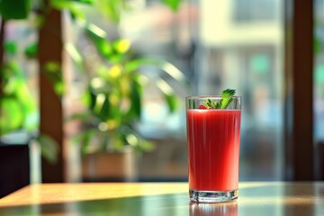 Refreshing Red Fruit Juice with Mint Garnish on Table, Ideal for Healthy Drink Promotions