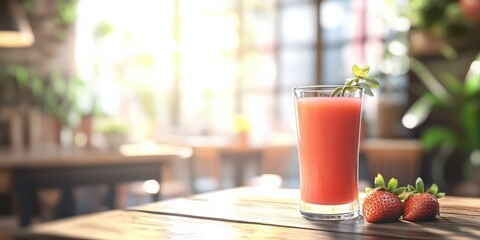 Energizing Berry Beverage in a Sunny Coffee Shop, Excellent for Promoting Healthy Living, Cafe Branding, and Lifestyle Content